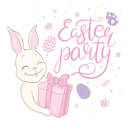 Smiling and Happy Easter Rabbit, or Easter Bunny holding an Egg, while running vector illustration.のイラスト素材