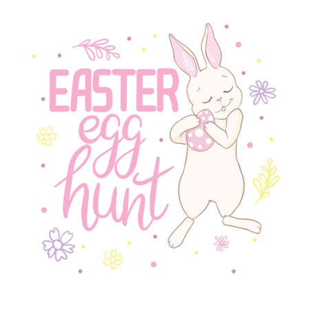Smiling and Happy Easter Rabbit, or Easter Bunny holding an Egg, while running vector illustration.のイラスト素材
