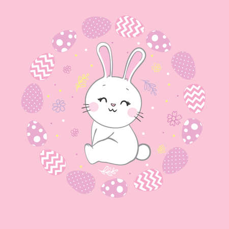 Smiling and Happy Easter Rabbit, or Easter Bunny holding an Egg, while runningのイラスト素材