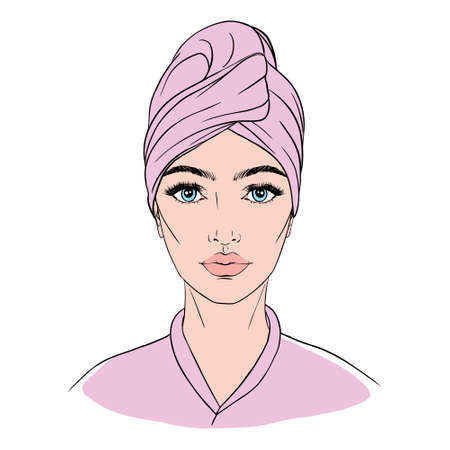 Girl with a towel on her head and a cosmetic mask on her face after a shower or bath. Vector flat illustrationのイラスト素材