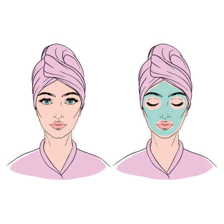 Girl with a towel on her head and a cosmetic mask on her face after a shower or bath.のイラスト素材