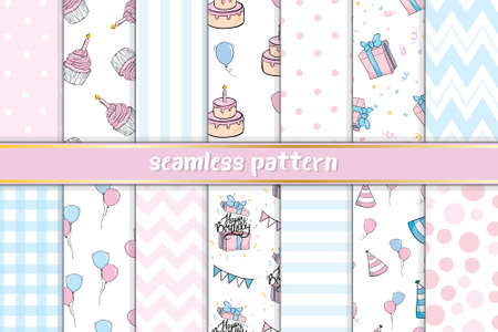 Cute seamless pattern with different sweets. For Birthday design. Baby shower. Paper for clippings. Pink and blue tones for girls and boys.のイラスト素材