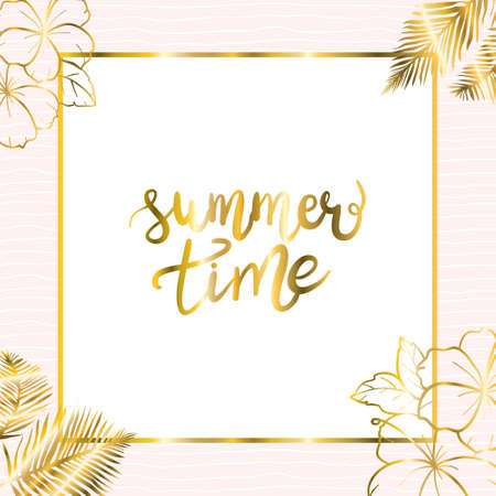 Hello summer lettering with gold glitter tropic background of palm leaves, tropical background. Summer background cardのイラスト素材