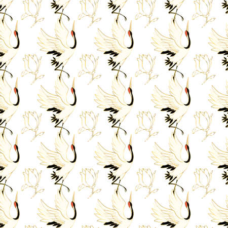 Seamless pattern with flowers and white Japanese cranes. Vector, illustrationのイラスト素材