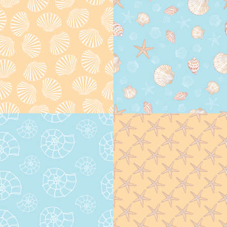 A set of marine and marine seamless patterns in orange and blue. Vector illustration.