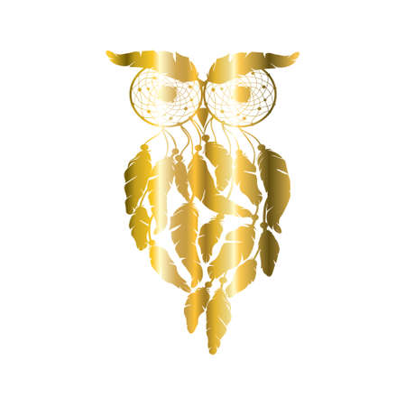 Vector golden lace feather dream cathcer on white background. Gold spirituality, prints, ornamental floral elements with henna design, golden stickers, flash temporary tattoo, cards and prints.のイラスト素材