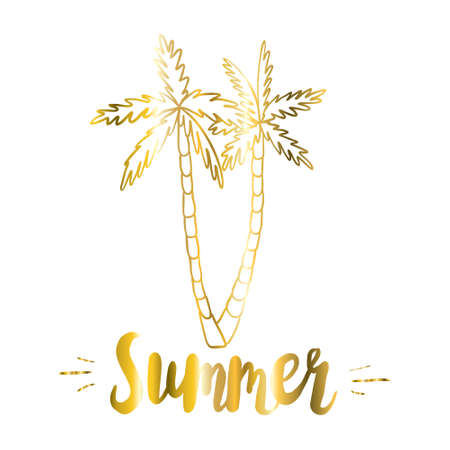 Golden summer print. Golden background with palm trees on the island. Tropical silhouette. Vector, illustration.のイラスト素材