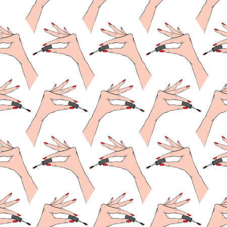 Seamless hand pattern on white background. Cute funny girlish illustration with red nails. Trendy fashion illustration.のイラスト素材