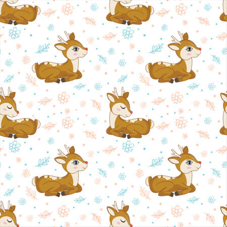 Deer seamless pattern with leaves and flowers on a white background. Vector seamless pattern. Flower illustration. Nature design. Thanksgiving day. Autumn season with a cute forest animalのイラスト素材