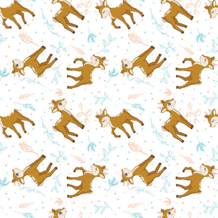 Deer seamless pattern with leaves and flowers on a white background. Vector seamless pattern. Flower illustration. Nature design. Thanksgiving day. Autumn season with a cute forest animalのイラスト素材