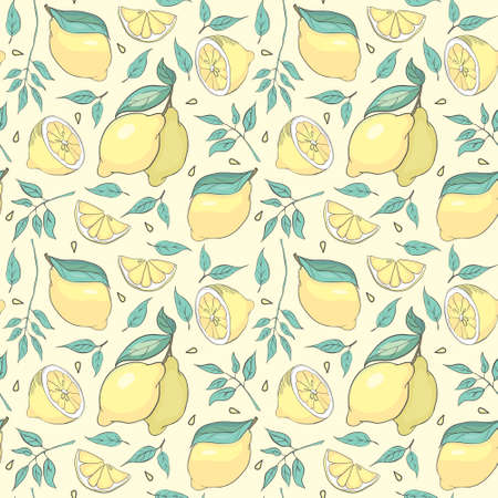 Nice lemon background. Vector hand-drawn seamless pattern on yellow backgroundのイラスト素材