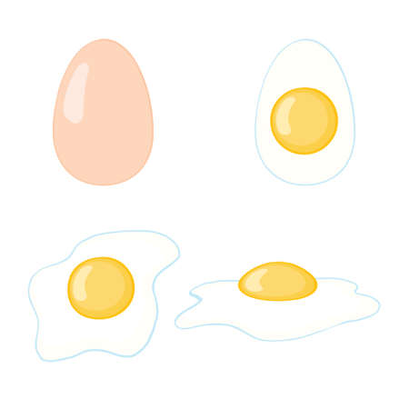 Cartoon egg isolated on white background. Set of fried, boiled, half, sliced eggs. Vector illustration. Eggs in various forms.のイラスト素材