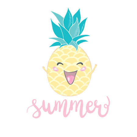Funny vector background with pineapple, and hand written text "summer". Hand drawing summer card.のイラスト素材