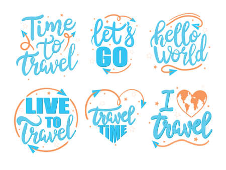 time to travel. hand drawing lettering, decor elements. colorful vector, for kids, flat style. baby design for cards, print, posters,  coverのイラスト素材
