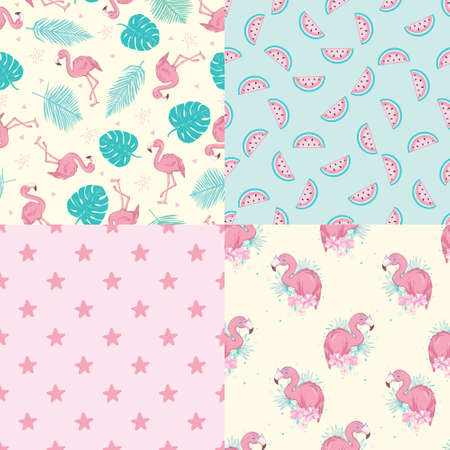 Set of vector wallpapers set of seamless patterns with images of flamingosのイラスト素材