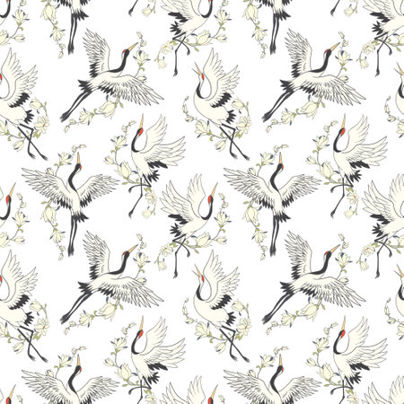 Seamless pattern with flowers and white Japanese cranes. Vector, illustrationのイラスト素材