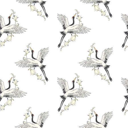 Seamless pattern with flowers and white Japanese cranes. Vector, illustrationのイラスト素材