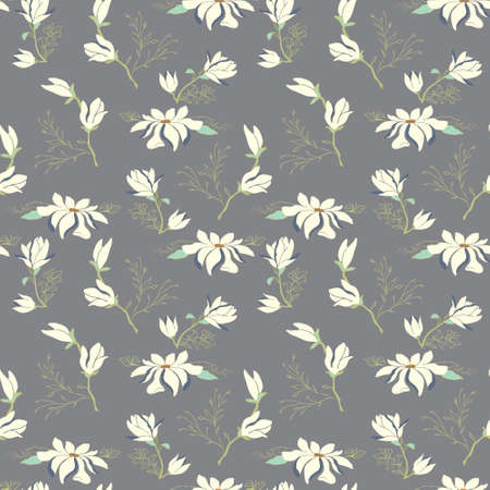 Seamless vector magnolia flower pattern. Delicate floral background on a gray backgroundのイラスト素材