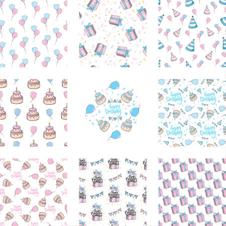 Cute seamless pattern with different sweets. For Birthday design. Baby shower. Paper for clippings. Pink and blue tones for girls and boys.のイラスト素材