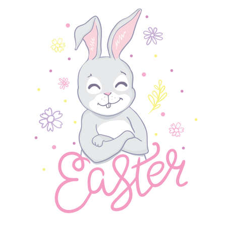 Easter bunny with a handwritten headline "Happy Easter". Vector illustration.のイラスト素材