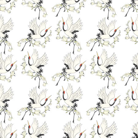 Seamless pattern with flowers and white Japanese cranes. Vector, illustrationのイラスト素材