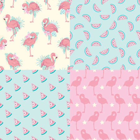 Set of vector wallpapers set of seamless patterns with images of flamingosのイラスト素材