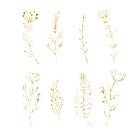 Set of golden flowers. Decoration floral elements for wedding. Vector isolated spring gold poppy, rose, lily.のイラスト素材