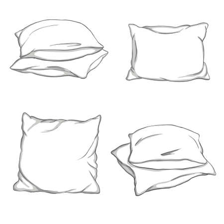 Set hand-drawn sketch style pillows - one, two, stack of four, hand holding pile of three pillows, vector illustration isolated on white background. Set of hand-drawn, sketch style pillowsのイラスト素材