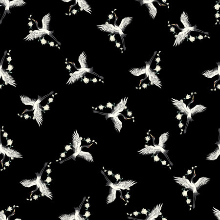 Seamless pattern with flowers and white Japanese cranes. Vector, illustrationのイラスト素材