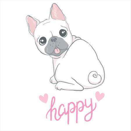 French bulldog cute sitting puppy with funny head tilt vector cartoon illustration isolated on white. Dogs, pets, animal lovers theme design element.のイラスト素材