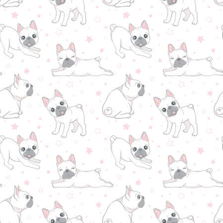 Seamless pattern with cute french bulldog on white background. Vector illustration.のイラスト素材