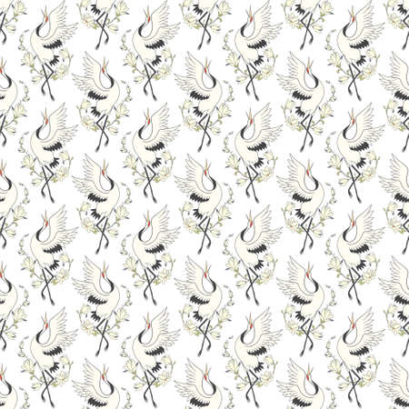 Seamless pattern with flowers and white Japanese cranes. Vector, illustrationのイラスト素材