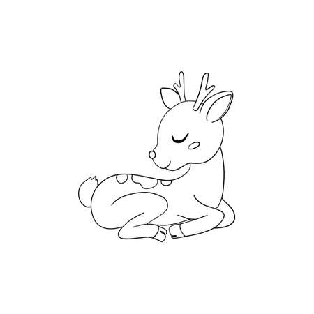 Hand-drawn Sketch of an Isolated Little Deer Black and White Cartoon Vector Illustration for Coloring Book-Drawn Vectorのイラスト素材