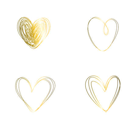 A set of isolated hearts made of gold shiny texture. Heart sketch for Valentine's Dayのイラスト素材