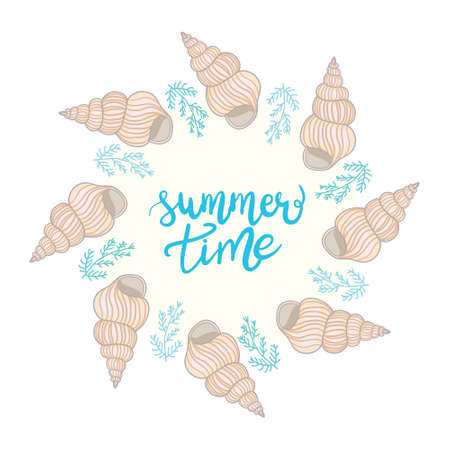 Shell yeah vector illustration with seashell and lettering. Summer illustration or print template.のイラスト素材