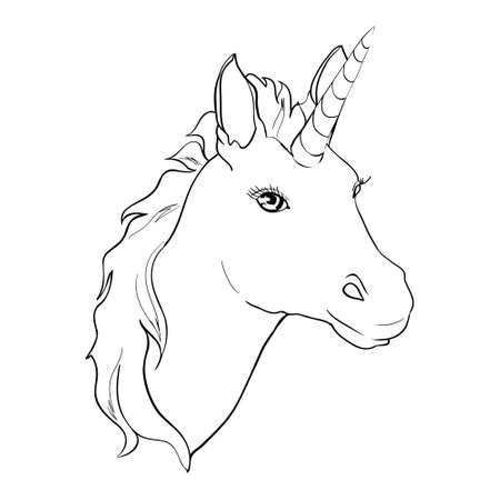 Unicorn, hand drawn vector linen illustration for logotype, coloring book, greeting card.のイラスト素材