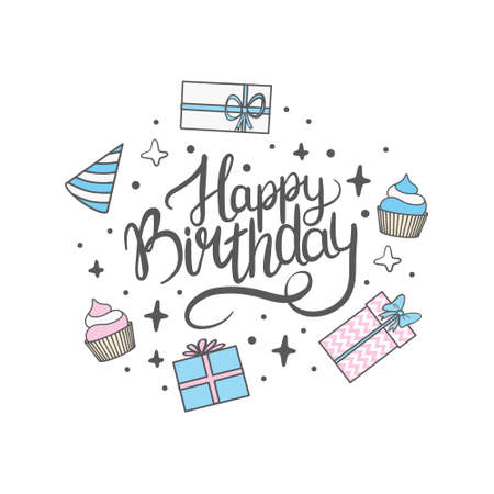 Happy birthday inscription. A greeting card with calligraphy. Hand-drawn design for a party. Vector, illustration.のイラスト素材