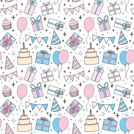Birthday background with balloons and gifts, design element. Vector illustration.のイラスト素材