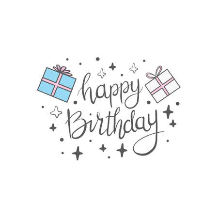 Happy birthday inscription. A greeting card with calligraphy. Hand-drawn design for a party. Vector, illustration.のイラスト素材