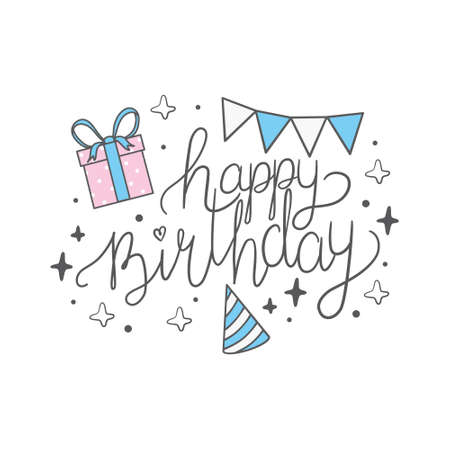 Happy birthday inscription. A greeting card with calligraphy. Hand-drawn design for a party. Vector, illustration.のイラスト素材
