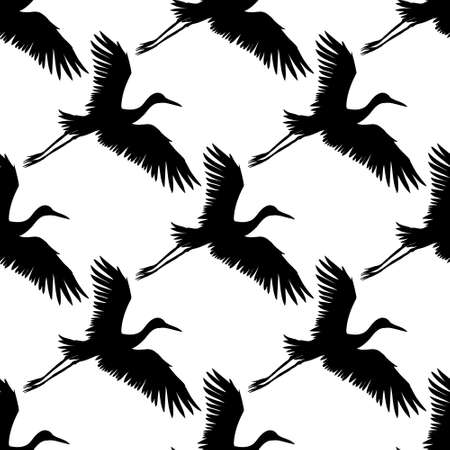 Vector seamless pattern of black hand drawn flying crane bird silhouette isolated on white backgroundのイラスト素材