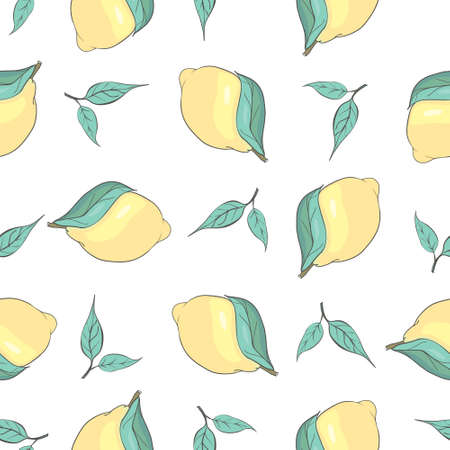 Fresh lemons background, hand drawn icons. Colorful seamless pattern with fresh fruits collection. Decorative illustration, good for printingのイラスト素材