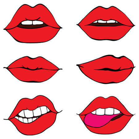 The woman's lips tightened. The girl's lips are covered with red lipstick, expressing different emotions. Vector, illustrationのイラスト素材