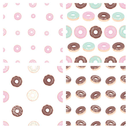 Donut seamless pattern. A donut with pink frosting. Donut on a white background. Design of the restaurant menu booklet. A bitmap illustration of a donut.のイラスト素材