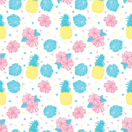 Exotic fruits on a white background. Seamless background with pineapples. Vector, illustration.のイラスト素材