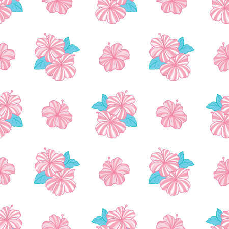 Tropical pattern with pink flowers and green leaves on a white background. Vector, illustrationのイラスト素材