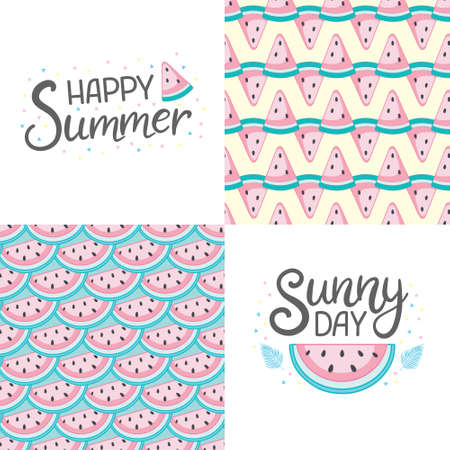 Vector set of four summer cards with fruits and phrases. Beautiful posters for kids room or bedroom. Hand drawn letters.のイラスト素材