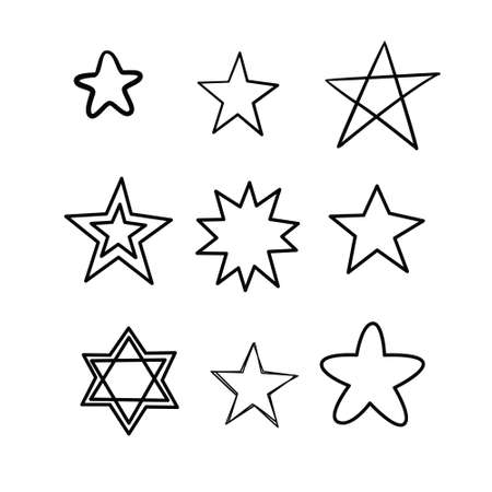 Doodle stars set. Many cute hand drawn stars on white background. Vector illustration for print, textile, paper.のイラスト素材