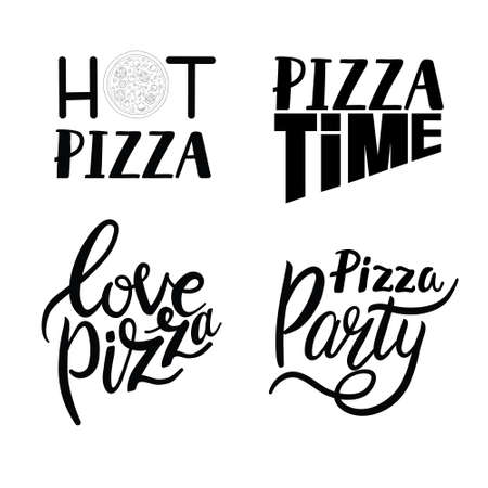 Pizza lettering quotes. Italian pizza, fast food lettering quotes, pizzeria menu food labels. Street food cafe pizza quotes illustration setのイラスト素材