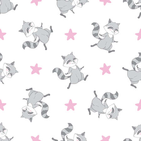 Seamless pattern with cute baby raccoons. Kids vector backgroundのイラスト素材